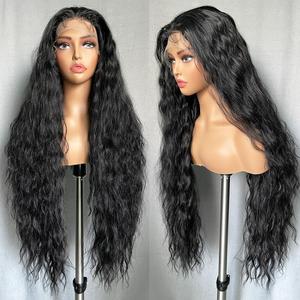 SOKU 13x6 Lace Frontal Water Wave Wigs with Baby Hair Natural Black and Brown 34 Inch Long Synthetic Hair Pre-plucked Free Part Transparent Swiss Lace Front Wavy Wigs for Women summerwins