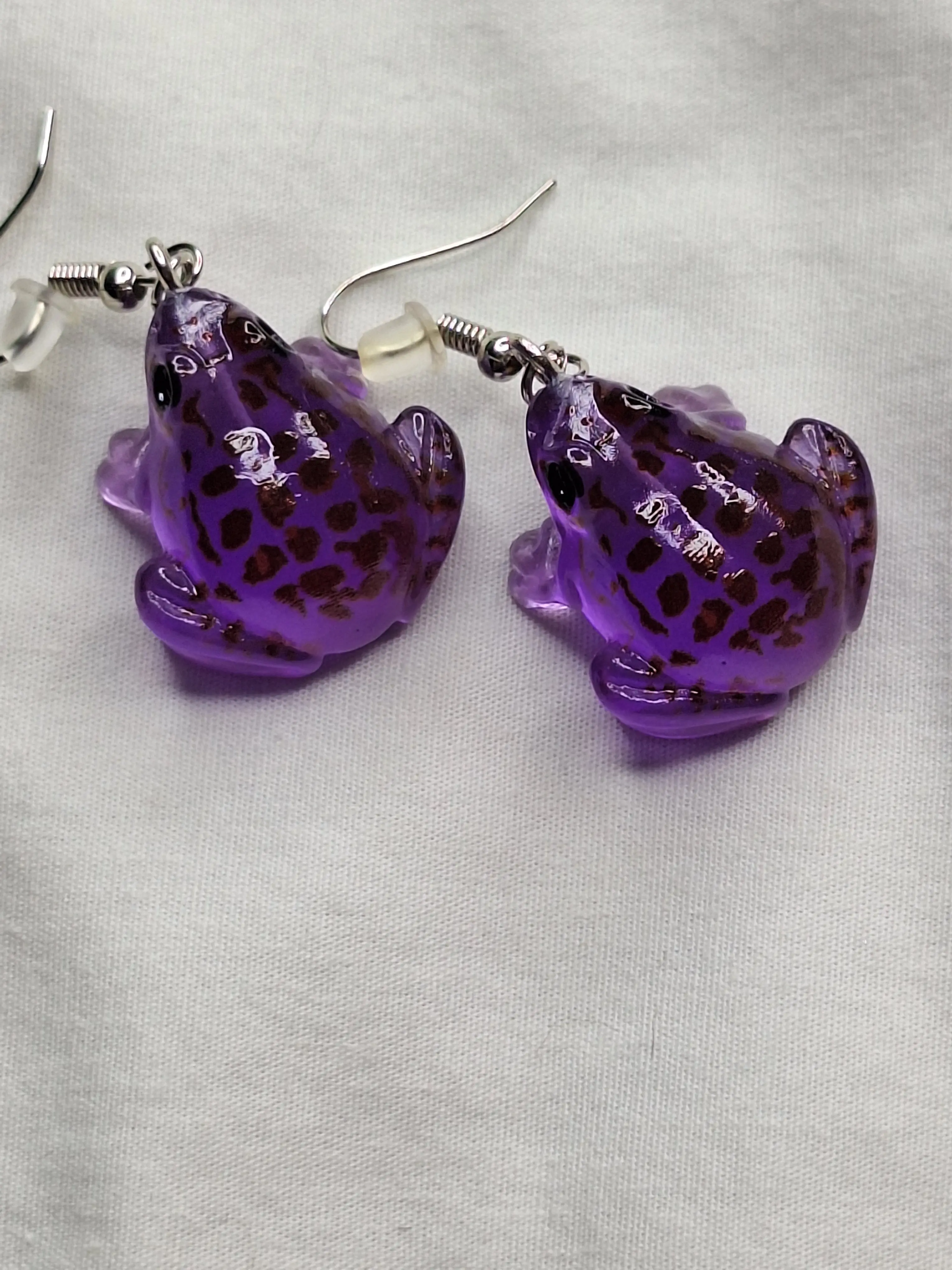 Purple Glass Frog Earrings - Handcrafted Spotted Amphibian Dangle Earrings