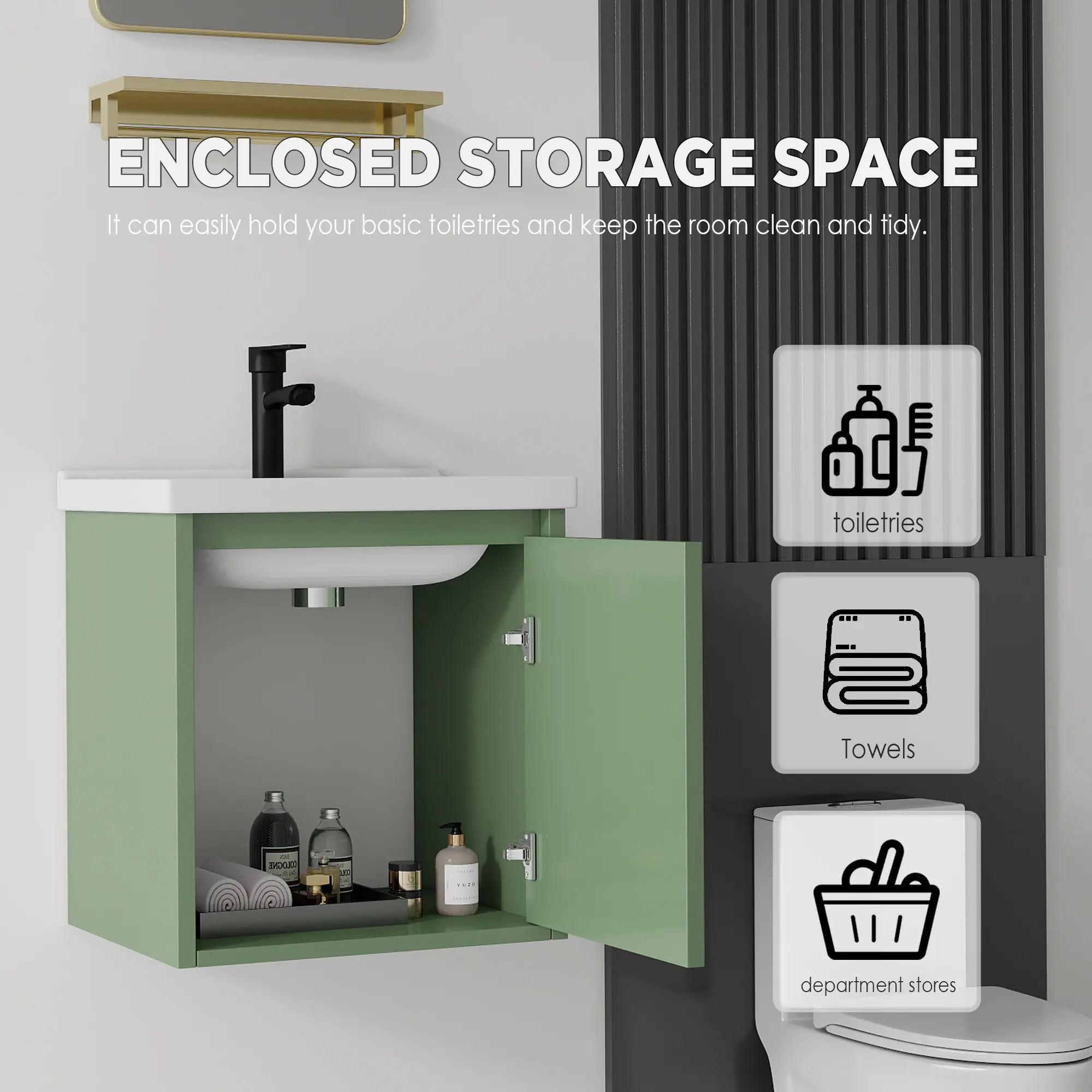 20-Inch Floating Wall-Mount Bathroom Vanity - Eco-Friendly Waterproof Plywood Cabinet with Integrated Ceramic Sink, SkinGreen Soft-Close Single Door, Storage, Assembly Required for Small Spaces, Powder Rooms