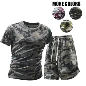 Men’s 2-piece camouflage shorts set: quick-dry, breathable, high-stretch polyester T-shirt and loose-fit, straight-leg, knee-length shorts with drawstring and pockets. Suitable for gym, running, beach, athleisure, and everyday wear.
