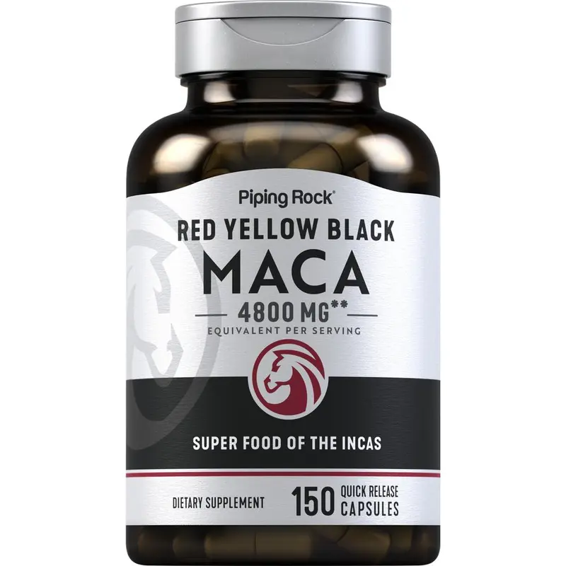 Piping Rock Maca Root Capsules | 4800mg | 150 Powder Pills | For Women and Men | Red, Yellow, and Black | Non-GMO, Gluten Free Supplement