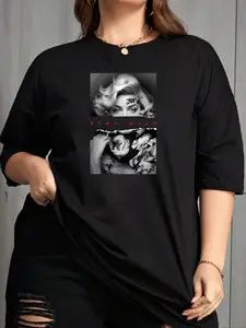 Plus Size Figure & Slogan Print Drop Shoulder Tee, Street Half Sleeve Crew Neck T-Shirt, Round Neck, Women Plus Casual Streetwear Clothing for Summer, Womenswear