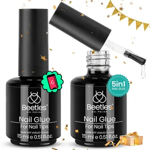 beetles Gel Polish 5 In 1 UV Nail Glue and Base Gel Kit for Manicure, 2 Pcs 15ml Super Strong Brush in Nail Gel Glue for False Nails Tips and Gel Nail Polish Led Lamp Required Nail Care
