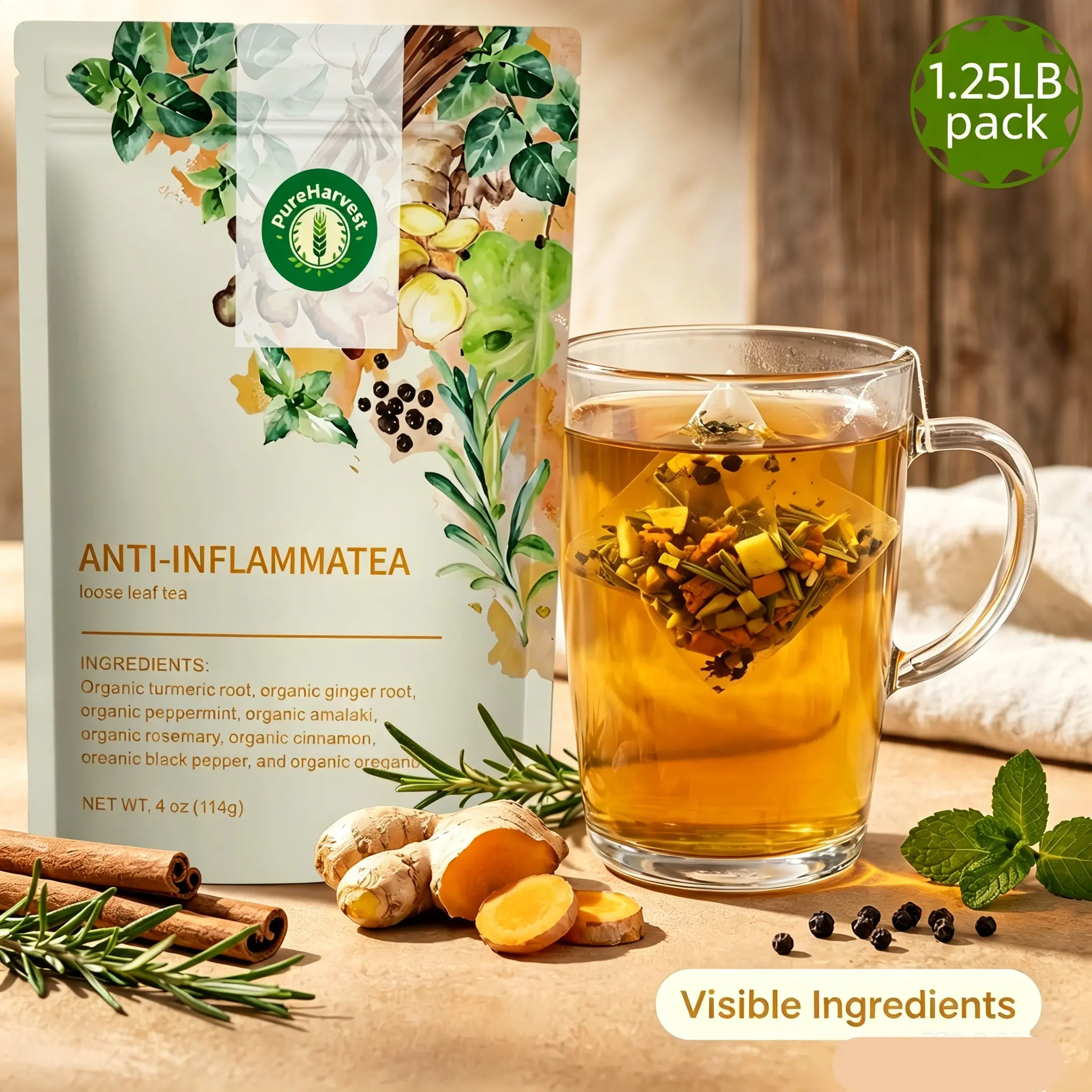 Herbal Wellness Anti 1.25LB-Inflammatory Loose-Leaf Tea for Men and Women, Triangle Tea Bags, 4 oz. Natural Ginger, Cinnamon, and Turmeric Blend. Relieves Soreness and Bloating. For Daily Nourishment.
