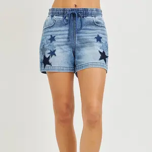 RISEN Elastic Band Slouchy Denim Shorts with Star Patched Details