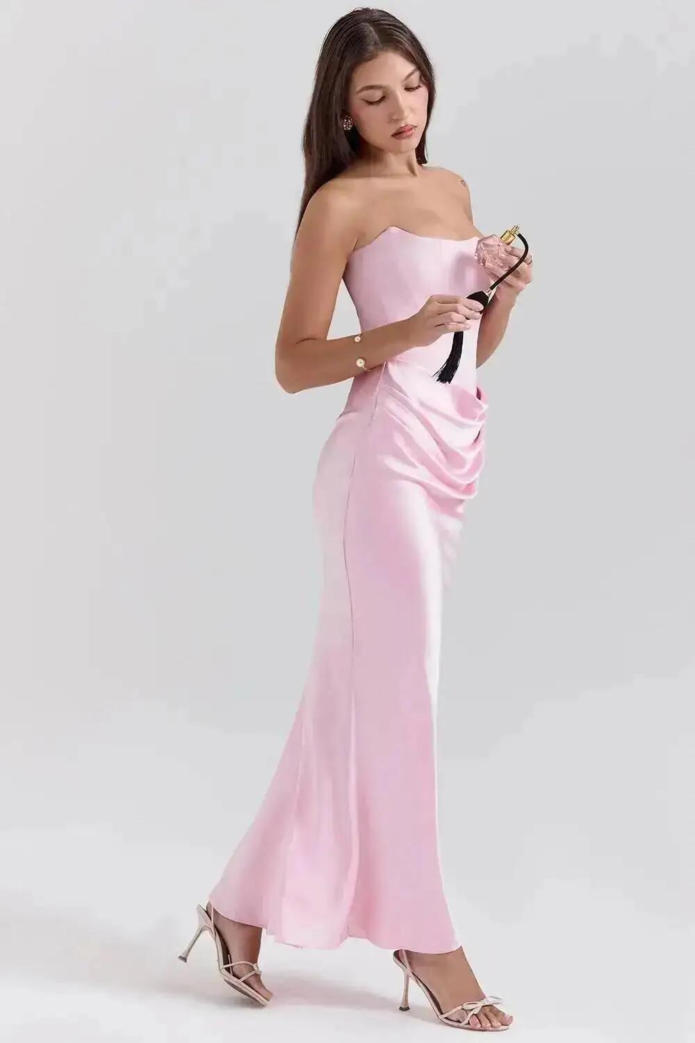 2026 New Red Strapless Corset Sexy Slim Mermaid Tail Long Solid Color Dress Women Elegant Evening