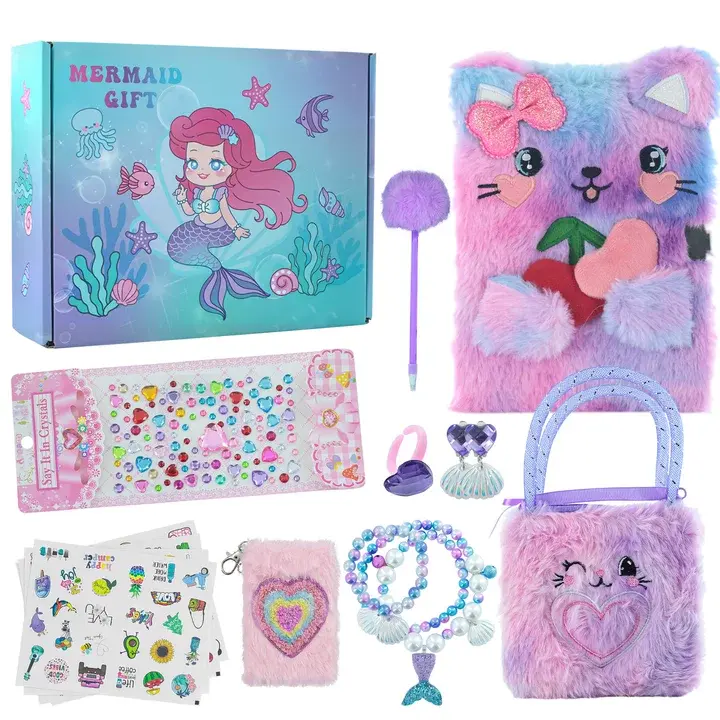 Cute Cat Diary with Lock for Girls 6-8, All-in-One Journal Kit Includes Coin Bag, Color Pen, Post-it Notes & Stickers, Creative Daily Notebook & Popular Birthday Present for Young Girls