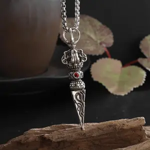 Retro Gothic Buddhist Vajra Red Zircon Pendant Necklace - Trendy Charm Amulet Jewelry Gift for Men and Women