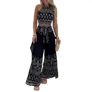 2025 Retro Ethnic Style Halter Top Wide Leg Pants Suit Womenswear Clothes womens cozy cloth bright clothing short crop beaded high  Summer Outfits Set Boho