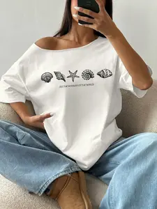 Off-Shoulder Short Sleeve Women's Casual Loose Fit Cotton Top, High Elasticity Ice-Cool Fabric, Perfect Gift for Friends & Daily Wear, Streetwear