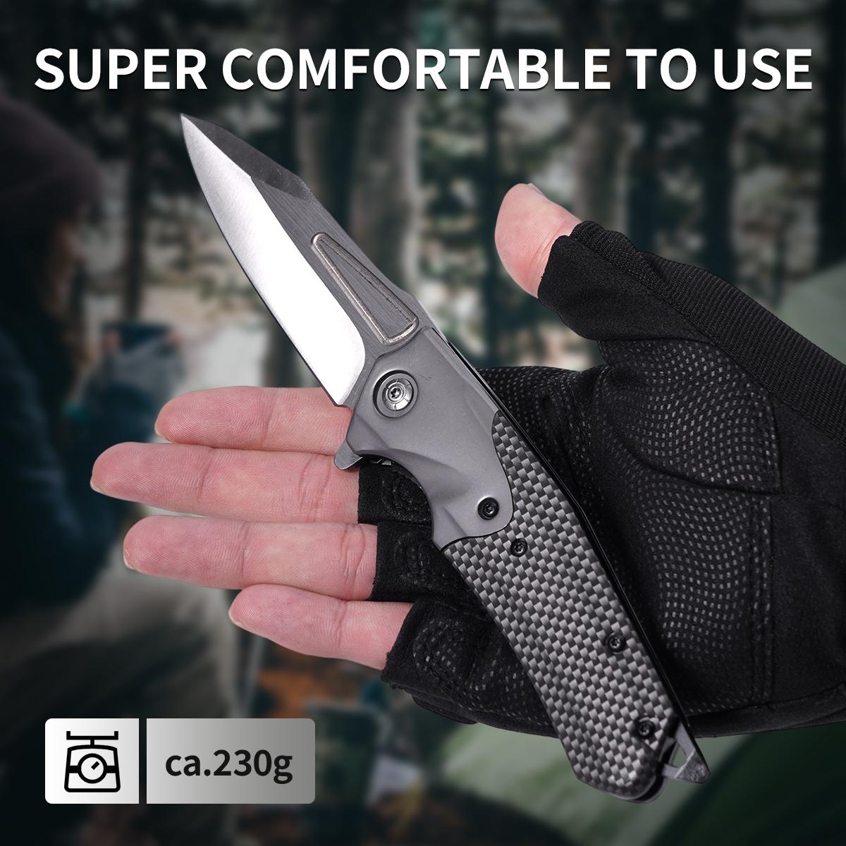 Sleek EDC Folding Knife with Carbon Fiber Texture, Reliable Outdoor Gear for Camping & Bushcraft