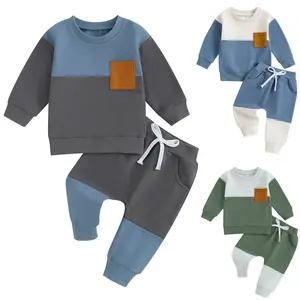 Toddler Baby Boy 2Pcs Outfits Contrast Color Long Sleeve Pocket Pull On Sweatshirt Tops Stretch Jogger Pants Infant Fall Winter Tracksuit
