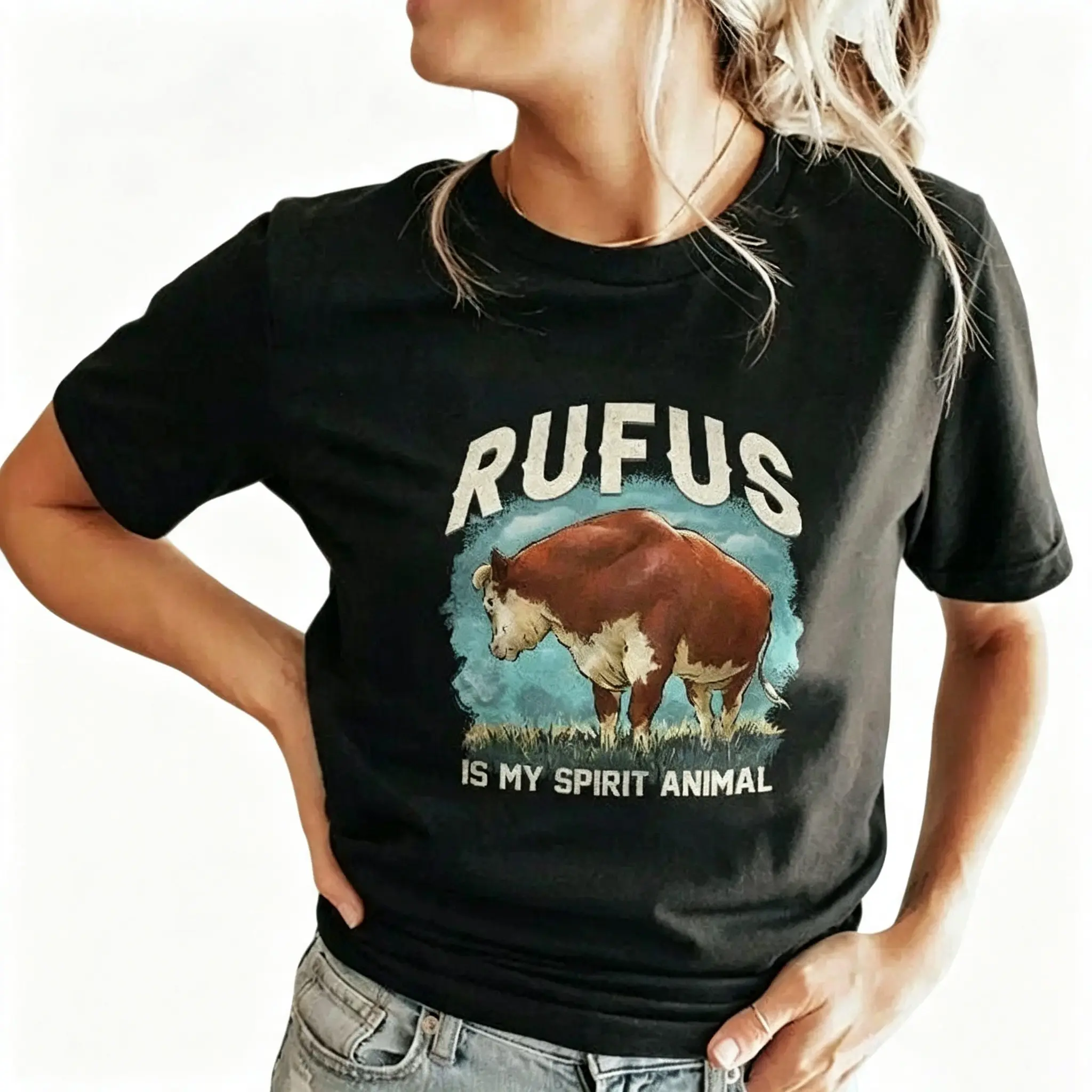 rufus the bull merch Rufus Is My Spirit Animal Vintage Cow Distressed Graphic Cotton Oversized T-Shirt, Western Cow Farm Country Outfit, Best Holiday Gift For Him Her Valentine Birthday Present For Family Friends Cow Lover Farm Casual Streetwear Tee
