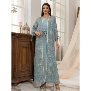 Women’s floral embroidery long-sleeve outerwear and belted tank dress; elegant Arabic clothing for parties, holidays, and wedding guests; Arab wedding attire; ladies’ Islamic clothing for all seasons; classy modest dresses