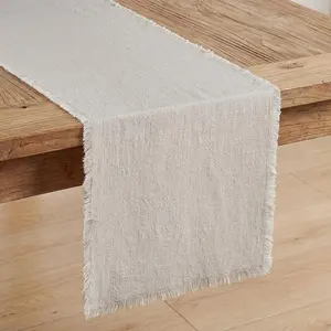 KINGSTONE 14 x 108 Inches Frayed Edge Table Runner, 270G Heavyweight Sand Washed Slub Texture Cotton Linen for Modern Farmhouse, Rustic Home Decorations Dining Room Wedding Boho Decor,