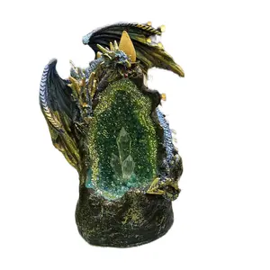 Glowing Double Headed Dragon Backflow Incense Burner Guarding Crystal Cave w/ LED  (Blue/Gold)
