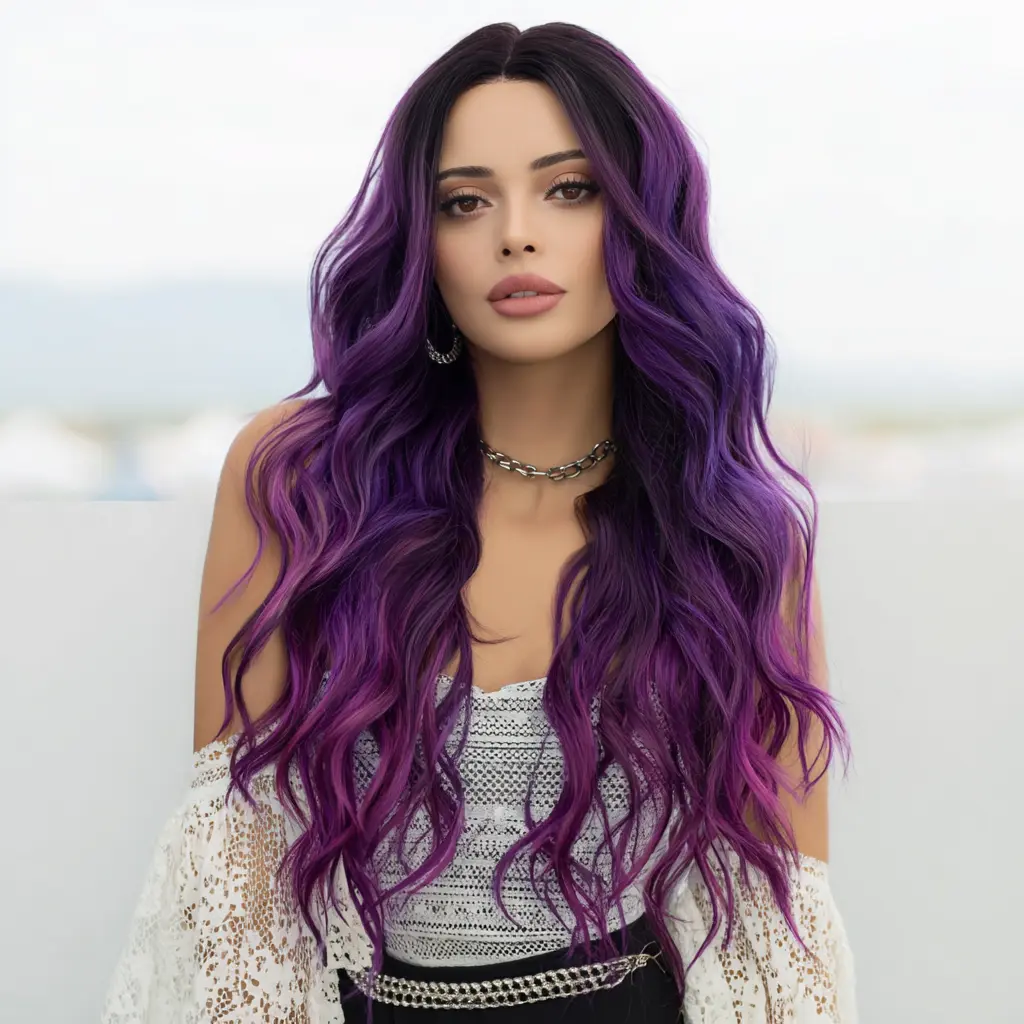SMILCO/24 Inches Ombre Purple Costume Middle Part Curly 13*4 Lace Front Part Synthetic Wigs /SM9026