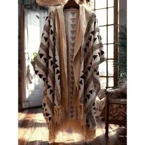 Men's Bohemian Hooded Beach Cape with Tassels – Geometric Black & White Pattern, Loose Fit, Sun Protection, Casual Vacation Style