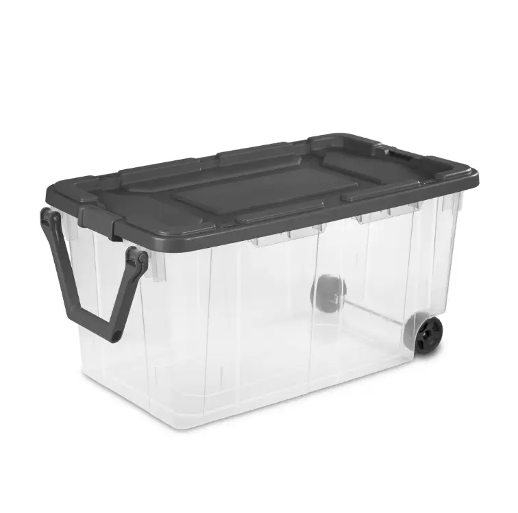160 Qt Extra-Large Wheeled Storage Bin - Dark Gray Home Organizer with Latch Lid, Pull Handle, Clear Body and Durable Construction