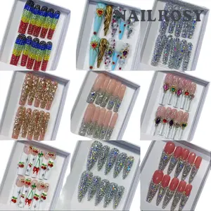 nailrosy Handmade Extra Long Square Press on Nails Gift Box - Flower Design Nails, Exact Sizes, Floral Rhinestone Embellishments, Pink Green Yellow Purple, DIY Application, for Wedding, Party Wear, Handmade Press On Nails