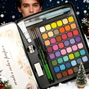 Christmas Fun Holiday Gift 48 Color Watercolor Powder Set, Creative Iron Box Set, Solid Watercolor Paints for Artists, DIY Hand Drawn Watercolors
