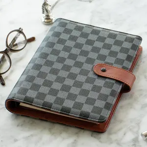 (R) A5 Black Checkered Planner with Brown Red | PU Leather Six Ring Cover