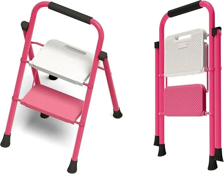 2 Step Ladder,Folding Step Stool with Wide Pedal& Convenient Handgrip,Lightweight,500lbs Capacity Sturdy Steel Ladder for Household,Office,Library