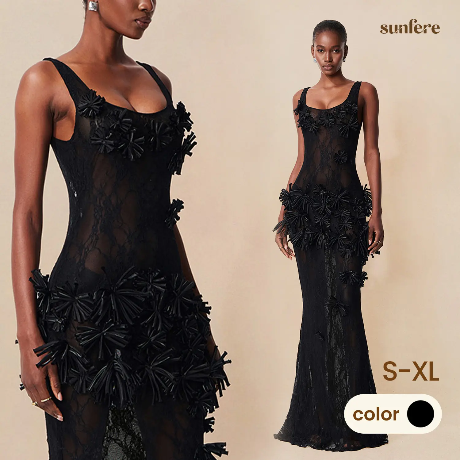 Sunfere Black Sheer Lace Floral Applique Maxi Dress - 3D Mermaid Gown Scoop Back Dramatic, Black-Tie Gala Red Carpet Formal Event