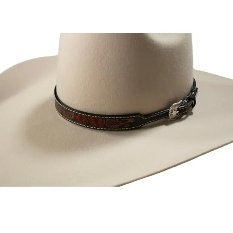 Tooled Leather Hat Band in Tan, an Adjustable Hat Accessory for Adults with a Painted Design and Engraved Scrolling Pattern Buckle, Floral, Western Style, Hat Accessories