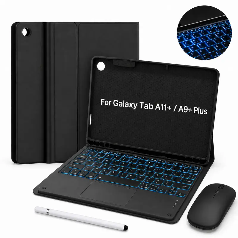 For Samsung Galaxy Tab A11 Plus/A9 Plus 2026/2023 11 inch Case with Keyboard, Ultra-Light Magnetic Folio Keyboard Cover with Multi-Touch Trackpad, 7-Color Backlit Wireless Keyboard, Stylus Holder, Wireless Mouse, Stylus & Keyboard Protector Film