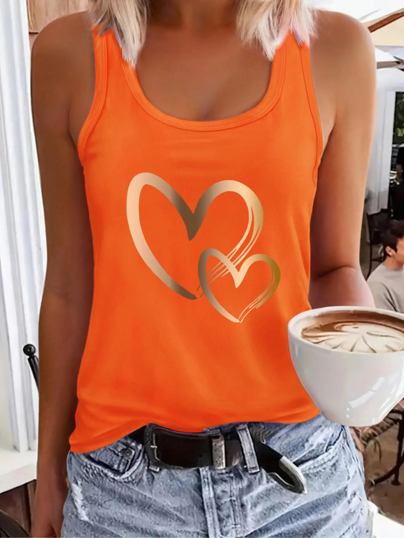 Women's Heart Print Round Neck Tank Top, Casual Sleeveless Top for Daily Wear, Ladies Clothes for All Seasons, Crewneck Tanktop, Sleeveless Tank Tops