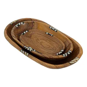 Global Craft Nested Oval Olive Wood Serving Bowl w/Bone Accent