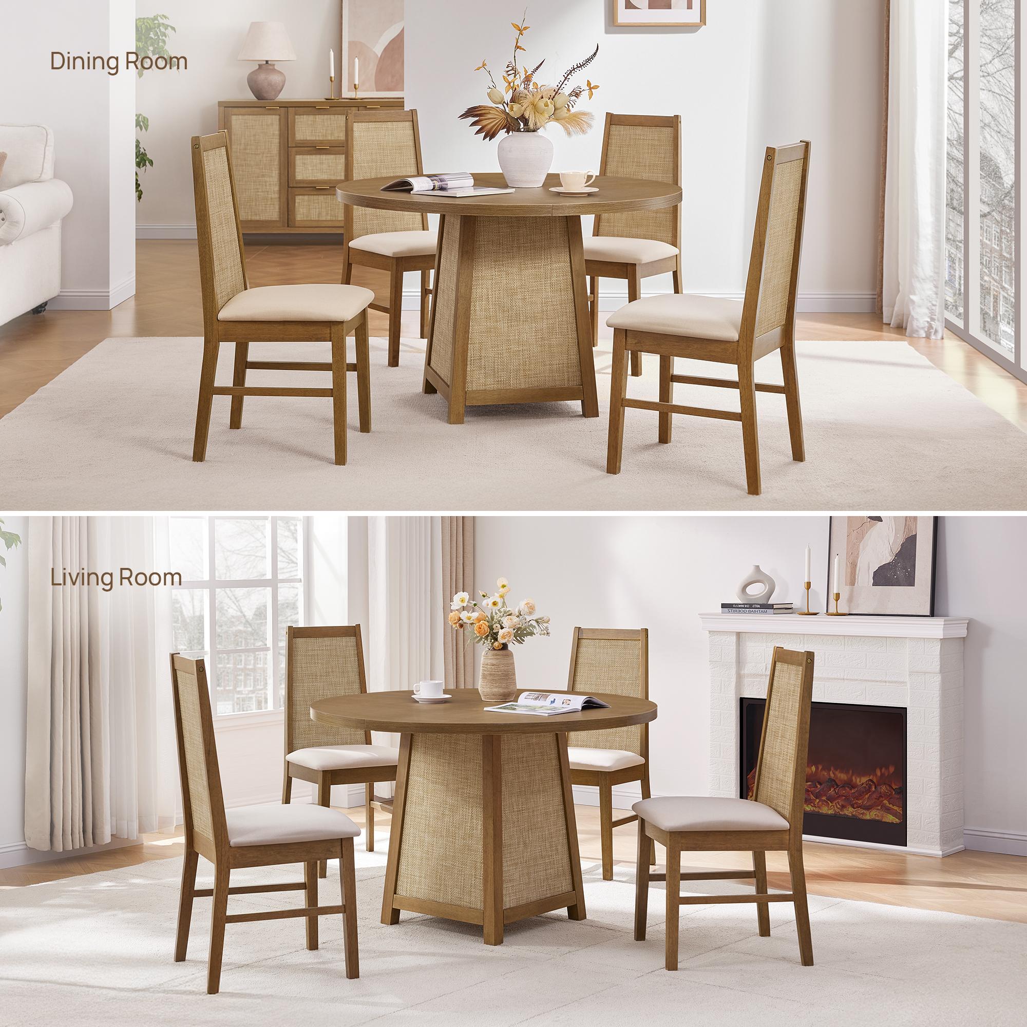 SICOATS Farmhouse Dining Table Set, 5-Piece Round Kitchen Table for 4 with Rattan Detail & Upholstered Chairs, 47 Inch Solid Wood Dining Set in Oak, Modern Cottage Style