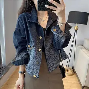 Casual Leopard Gradient Blue Plus Size Denim Jacket For Women Spring Lapel Single Breasted Jean Jackets Elegant Coats Streetwear Collar Style Outerwear Long Sleeve Clothing Light