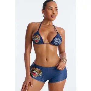 Ed Hardy Tiger Rhinestone Boyshort 2 Piece Bikini - Navy/combo O