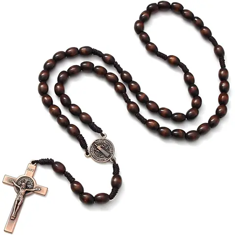 Unisex Handmade Wooden Bead Rosary Necklace with Cross Pendant, Religious Gift for Jesus Devotees