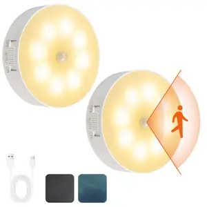 Indoor Motion Sensor Night Light, 2PCS, USB Rechargeable Lamp, Magnetic Mount Warm Light, Suitable for Kitchen, Closet, Pantry, Wardrobe, Coffee Corner, Bathroom, Stairs, Hallway, Sink Cabinet, Laundry Room, Tool Room, Garage, Refrigerator.