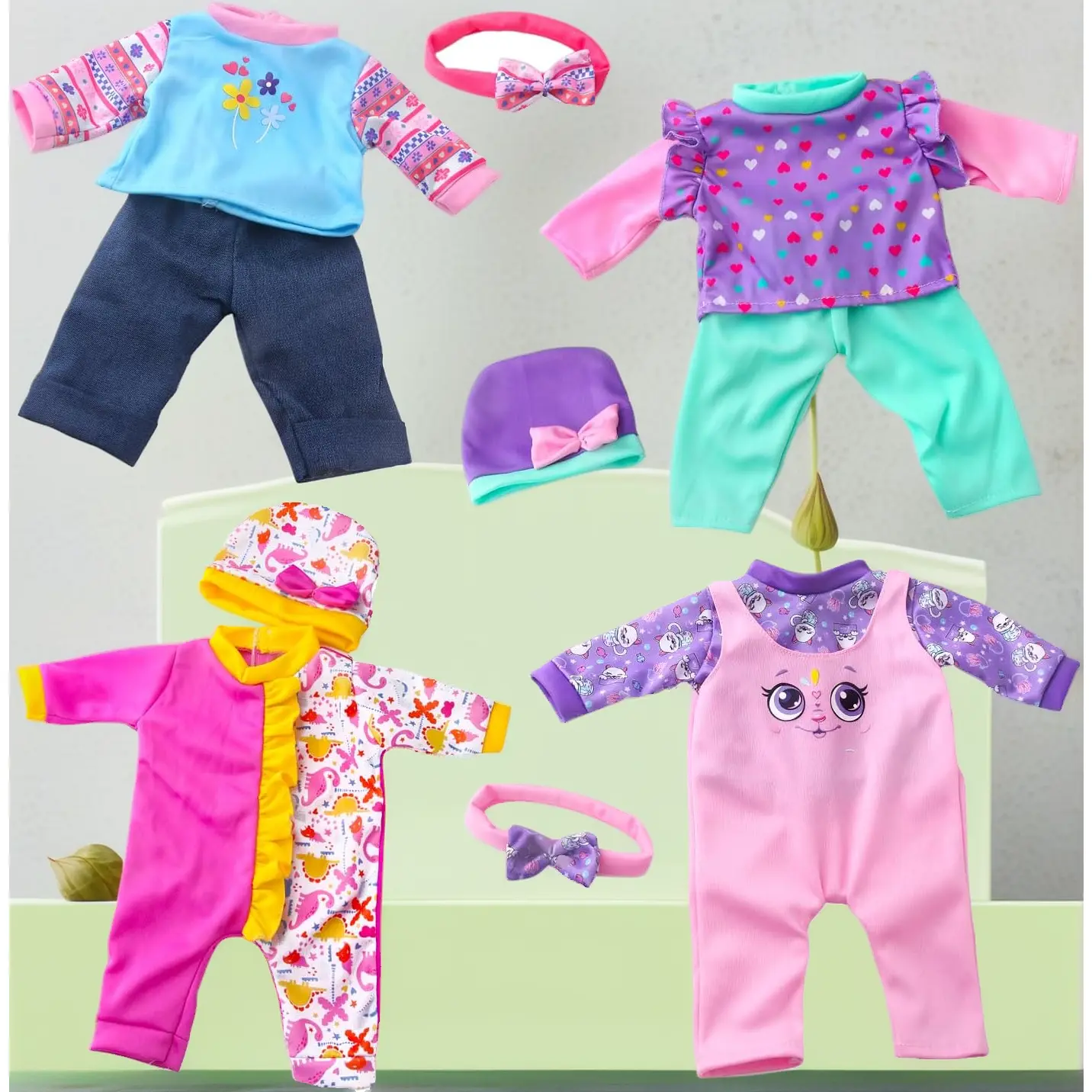9-Pc Doll Clothes Accessories Set with 4 Stylish Outfits, Headbands, Tops & Pants for 14-18 Inch/43cm Newborn Dolls
