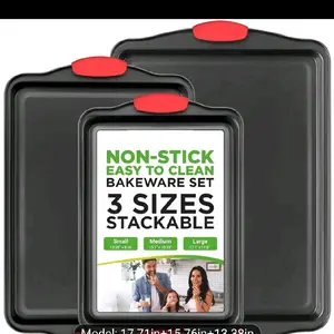 3 Piece Large Non-Stick Cookie Sheet Tray with Silicone Handles for Baking (Black)