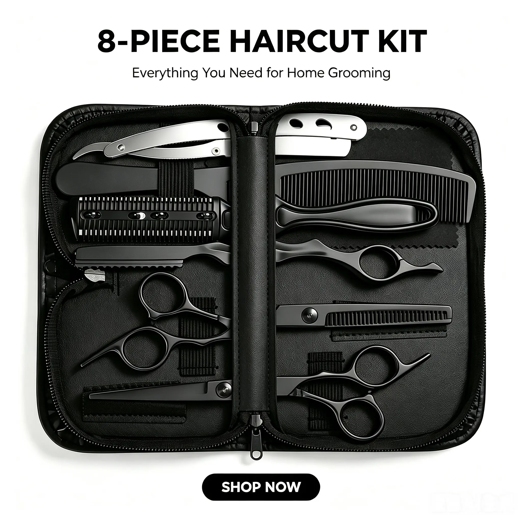 8-Piece Durable Stainless Steel Haircutting Scissor Set, Professional Haircare Tools Including Cutting Scissors, Thinning Shears, Comb, Razor, Blades & Portable Storage Case, Smooth-Operating Kit for Salons & Home Use