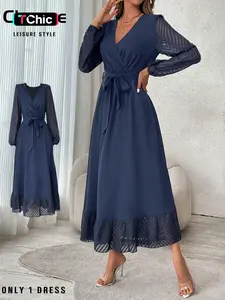 Women's Fashion Long Sleeve Dress, Cross V-Neck Design, Lantern Sleeves, Waist Belt Included, Elegant Casual Wear