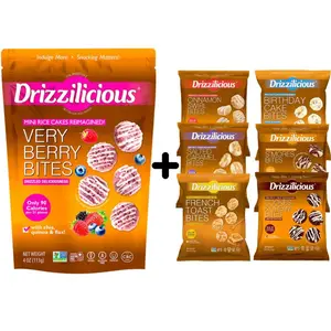 Mini Sized – 0.74 oz Bags – Drizzilicious Cookies & Cream, S’mores, Cinnamon Swirl, Salted Caramel, Birthday Cake & French Toast Bites + Single 4 oz Verry Berry Swirl Bag – 6-Pack Snack-Size Single-Serve Rice Crisps, Healthy Gluten-Free Vegan Treats