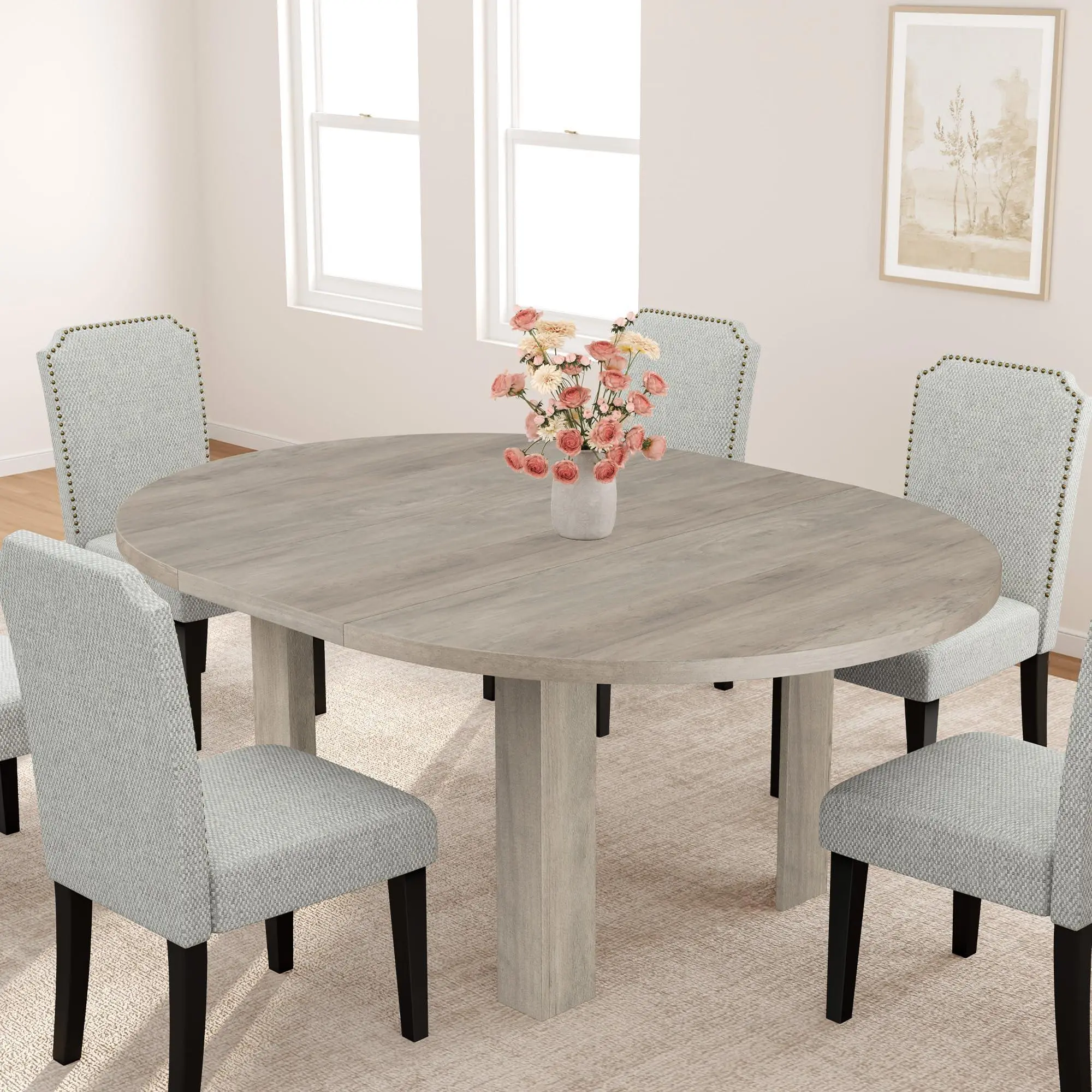 Garvee 47''-63'' Extendable Round Dining Room Table for 4-6, Grey, Farmhouse Expandable Kitchen Table, Space Saving Oval Dining Table with Built-in Leaf Storage