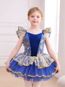 Girls Velvet Ballet Tutu | Gold Star Embroidery & Ruffle Sleeve | Dance Recital Outfit