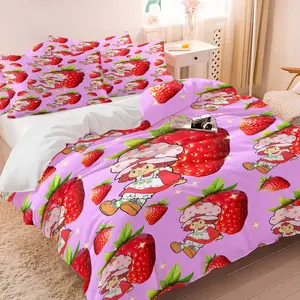 Pink Strawberry Girl Cartoon Duvet Cover Set, 1 Duvet Cover + 1/2 Pillowcases, Ultra-Soft Microfiber Cute Kawaii Fruit Print Bedding for Kids Girls Bedroom Dorm Decor