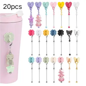 20pcs Beadable Cup Charm Set, Butterfly/Flower/Heart Shaped Sticker Accessories, DIY Silicone Cup Charms with Customizable Beading Bars, for DIY Projects, Pendant Jewelry Making&Handmade Gifts