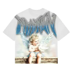 Oversized Angel Wings Rhinestone Graphic Tee Vintage Washed Double Sided Y2K Gothic Streetwear T-Shirt| Trendy Unisex Statement Top for Men Women Summer Edgy Festival OOTD