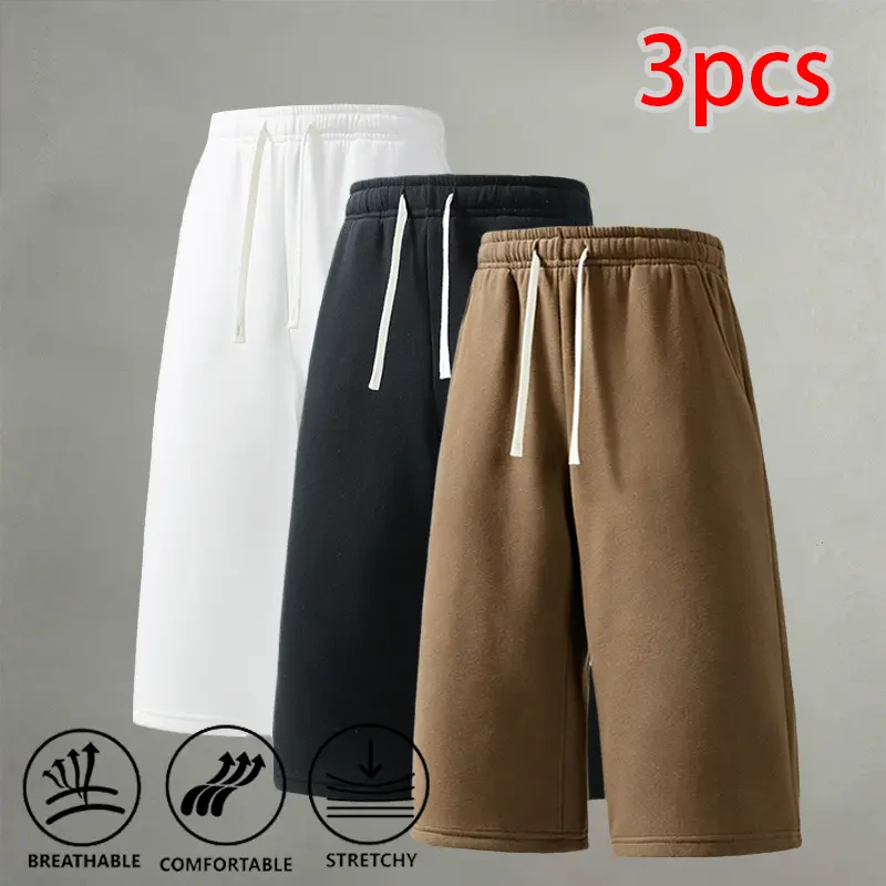 Men’s Loose Fit 3-Pack Summer Knee-Length Sweat Shorts - Breathable, Stretchy, Drawstring Elastic Waist, Baggy Wide-Leg for Running, Training, Lounging