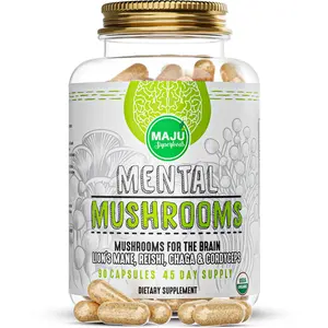 MAJU Organic Mental Mushroom Capsules (90ct) - Edible Extract Supplement w/ Lion's Mane, Cordyceps, Reishi & Chaga for Focus, Wellness & Immune Health Healthcare Dietary