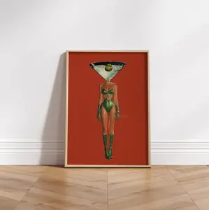 Dirty Martini Cocktail Vintage Poster | Retro Bar Cart Wall Art | Glam Woman Drinking Red Retro Room Decor